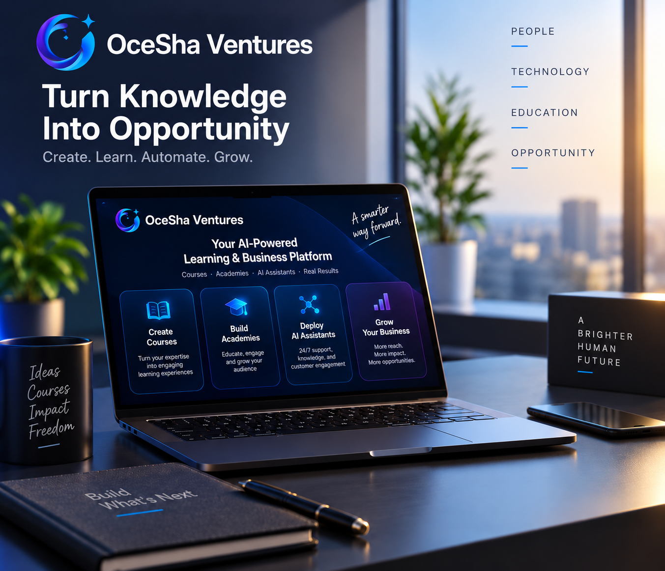 OceSha Ventures — Turn Knowledge Into Opportunity. Create. Learn. Automate. Grow. A laptop shows four capabilities: Create Courses, Build Academies, Deploy AI Assistants, Grow Your Business. People, Technology, Education, Opportunity.